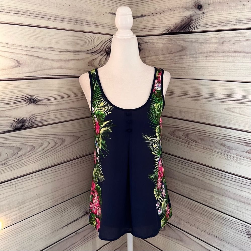 Candies Navy Tropical Floral Bow Back Tank Top